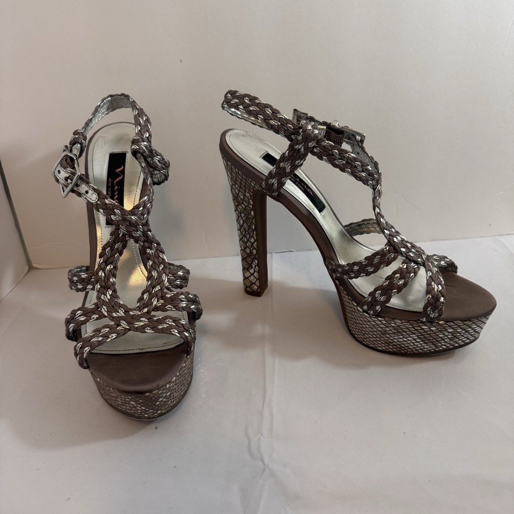 Nina New York Y2K Heels Purpleโ Snakeskin Braided Silver Platform Size 7.5 NWOT